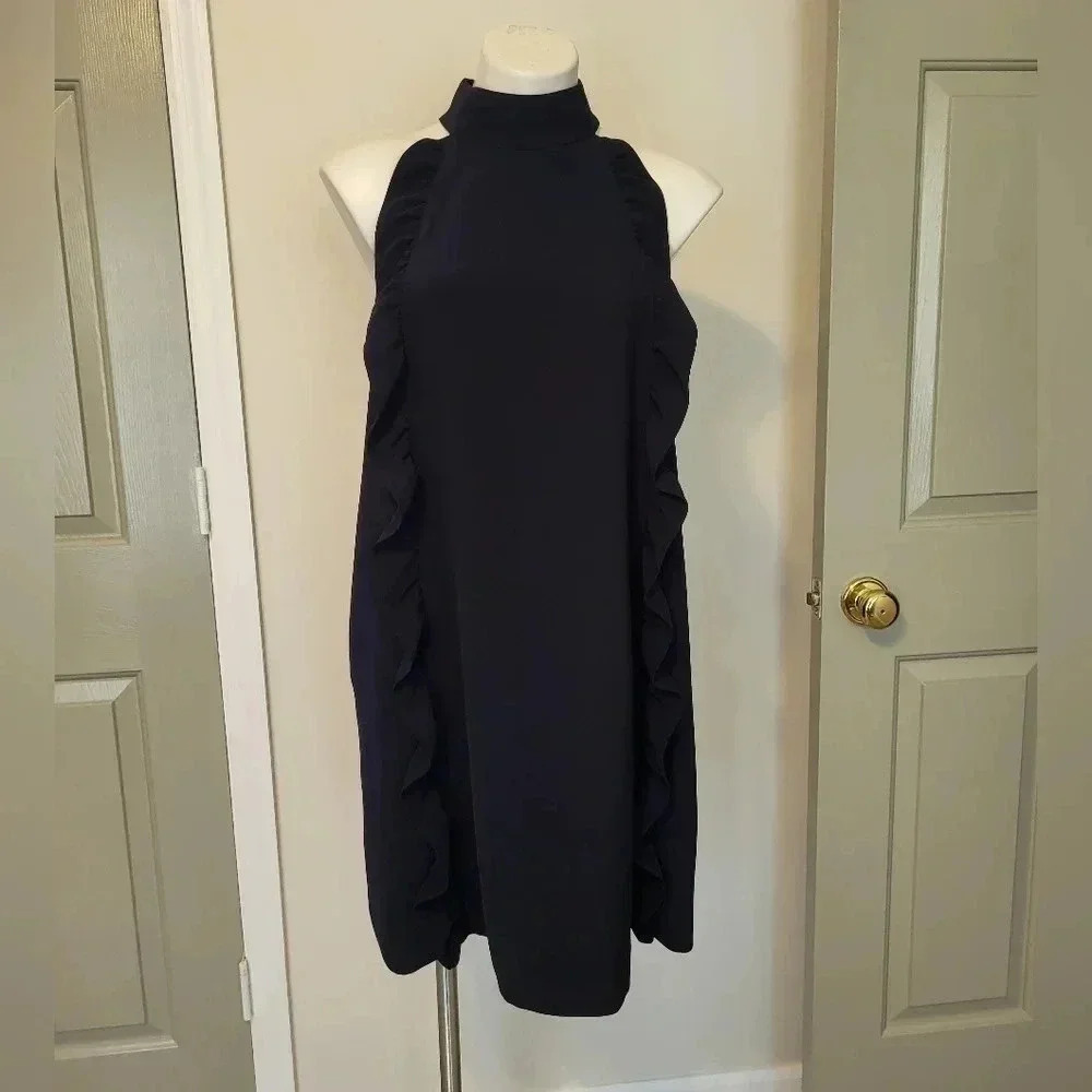 Ted Baker Halter Neck Lace Detail Torria Ruffled Navy Blue Tunic Dress(4)Large - Picture 2 of 11